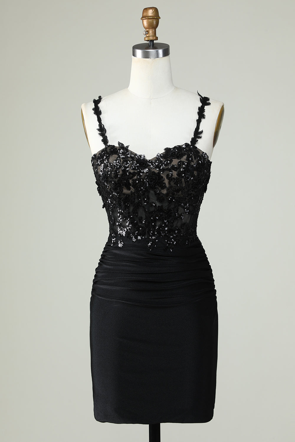 Sheath Spaghetti Straps Corset Black Short Cocktail Dress with Appiques