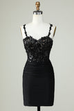 Sheath Spaghetti Straps Corset Black Short Cocktail Dress with Appiques