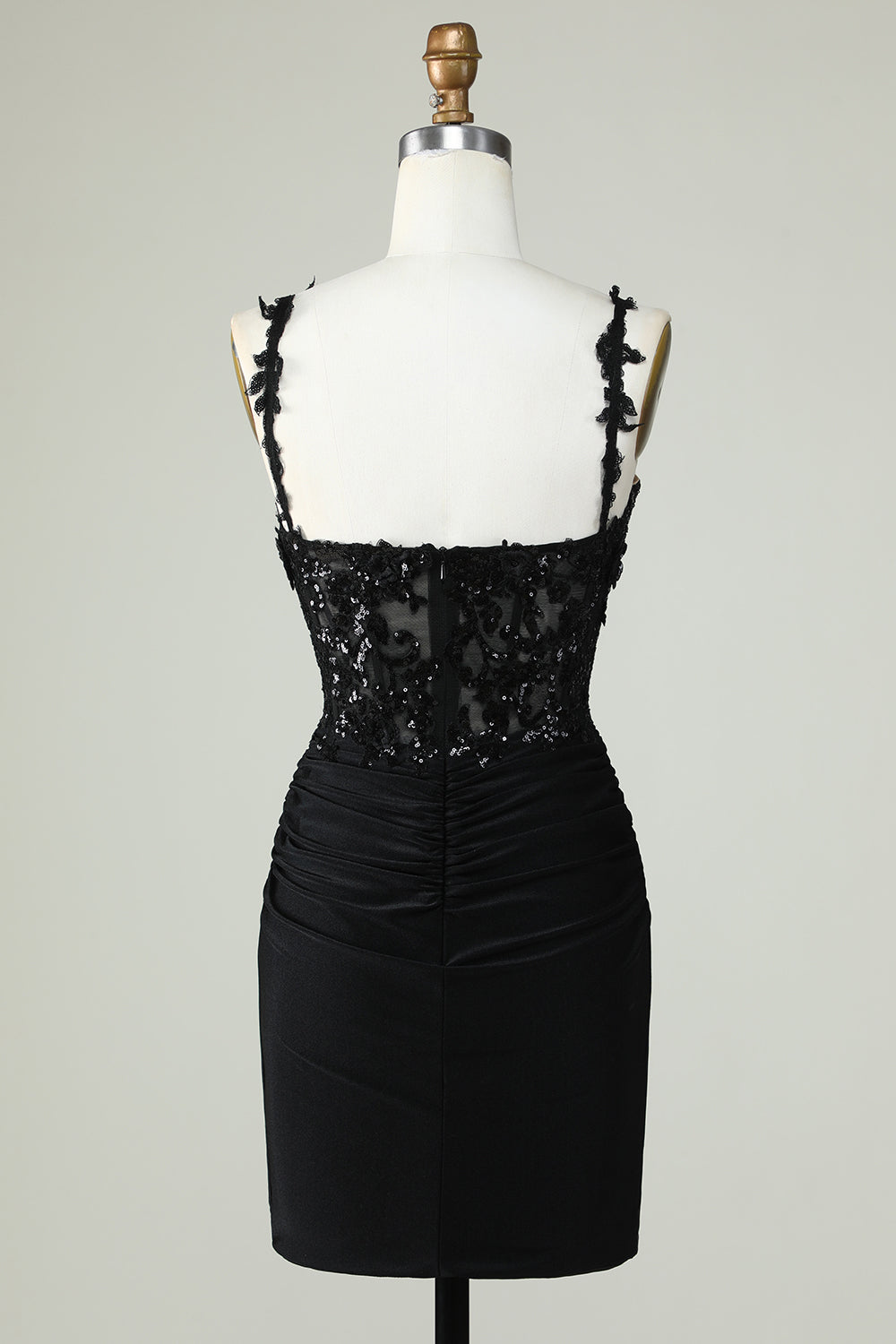 Sheath Spaghetti Straps Corset Black Short Cocktail Dress with Appiques