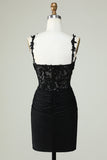 Sheath Spaghetti Straps Corset Black Short Cocktail Dress with Appiques