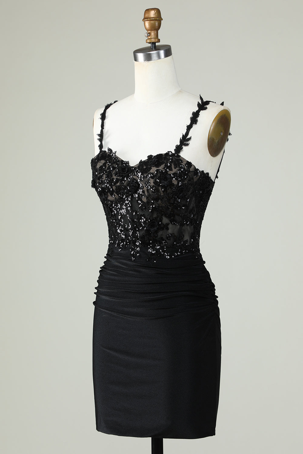 Sheath Spaghetti Straps Corset Black Short Cocktail Dress with Appiques