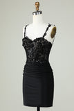 Sheath Spaghetti Straps Corset Black Short Cocktail Dress with Appiques