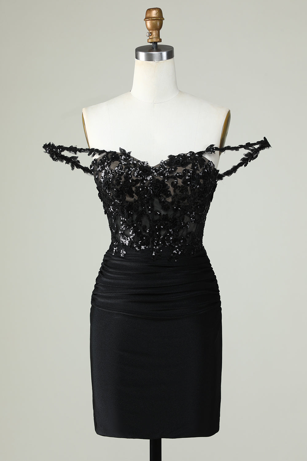 Sheath Spaghetti Straps Corset Black Short Cocktail Dress with Appiques