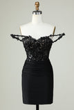 Sheath Spaghetti Straps Corset Black Short Cocktail Dress with Appiques
