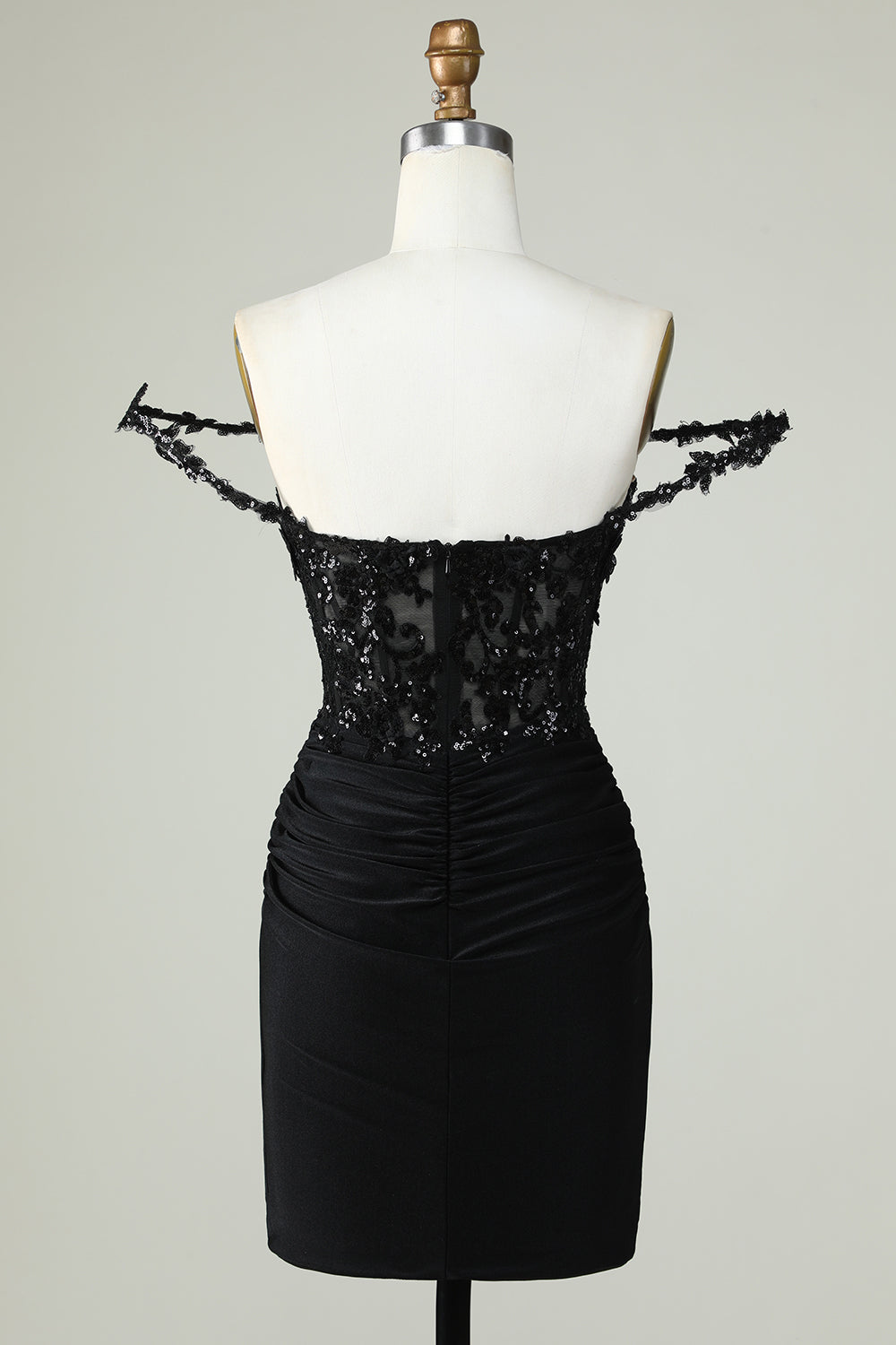 Sheath Spaghetti Straps Corset Black Short Cocktail Dress with Appiques