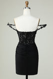 Sheath Spaghetti Straps Corset Black Short Cocktail Dress with Appiques