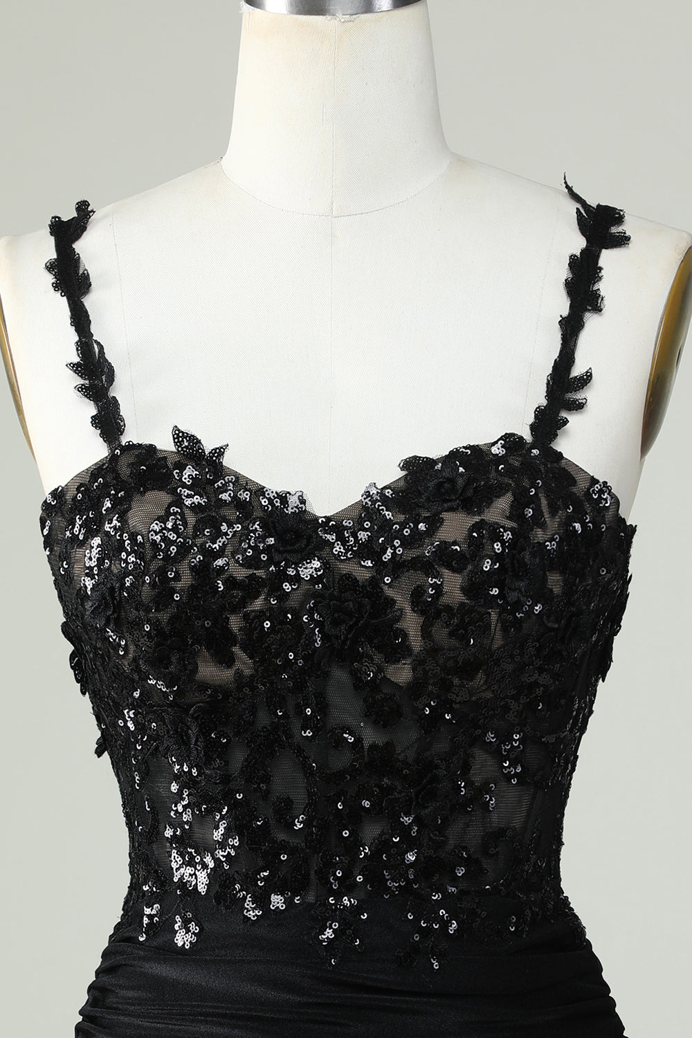 Sheath Spaghetti Straps Corset Black Short Cocktail Dress with Appiques