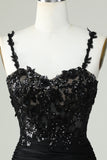 Sheath Spaghetti Straps Corset Black Short Cocktail Dress with Appiques