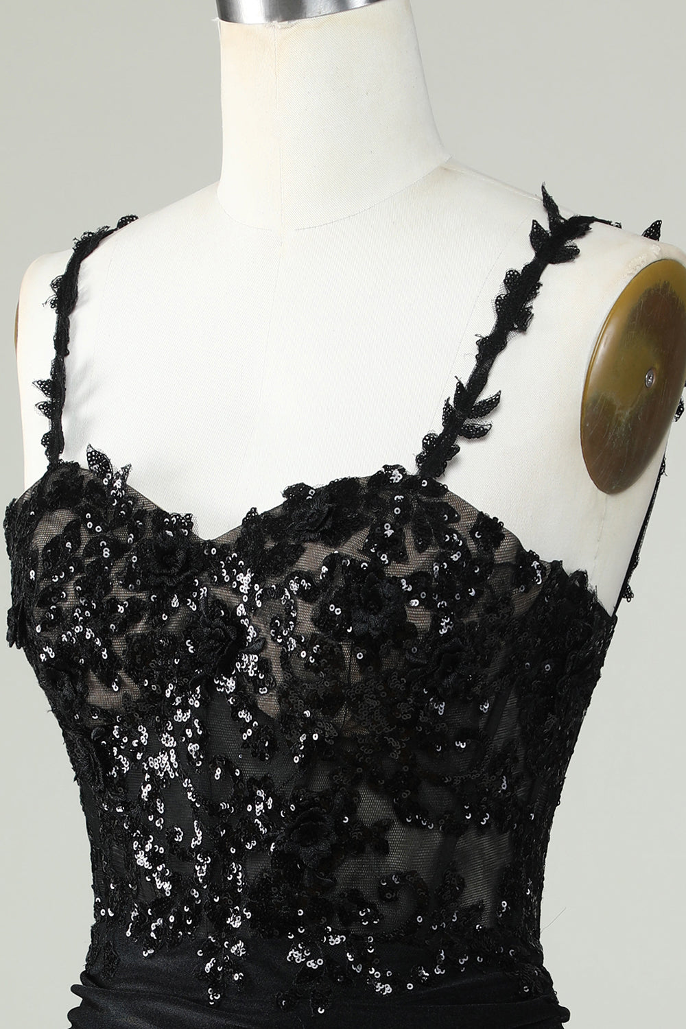 Sheath Spaghetti Straps Corset Black Short Cocktail Dress with Appiques