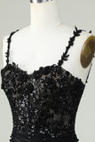 Sheath Spaghetti Straps Corset Black Short Cocktail Dress with Appiques