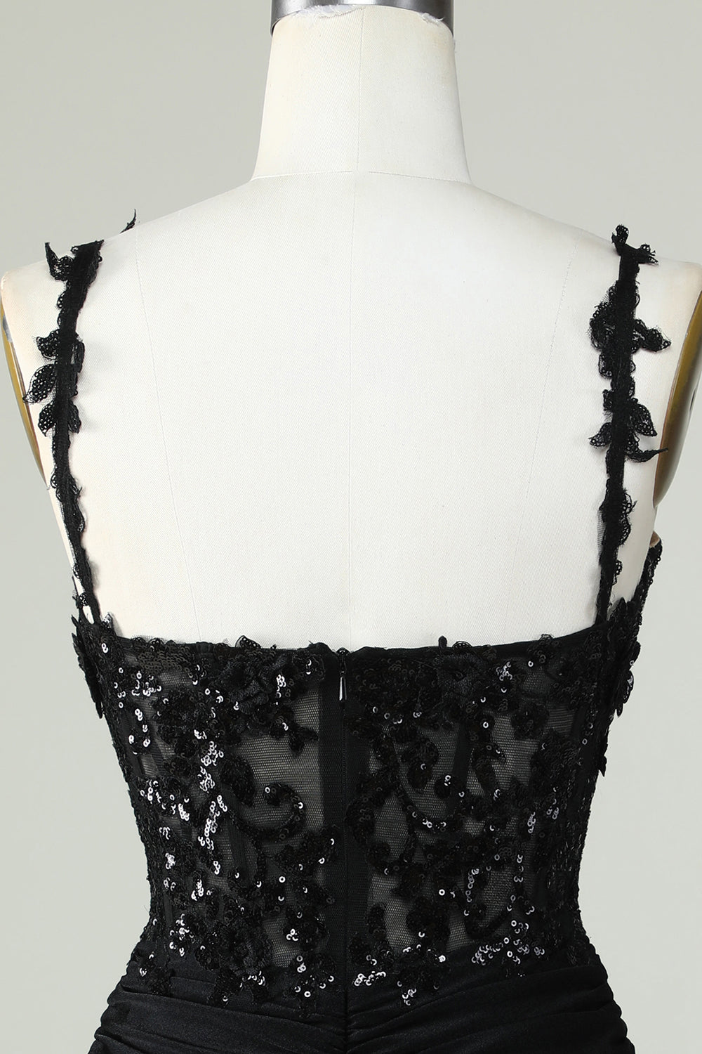 Sheath Spaghetti Straps Corset Black Short Cocktail Dress with Appiques
