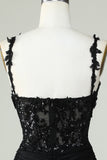 Sheath Spaghetti Straps Corset Black Short Cocktail Dress with Appiques
