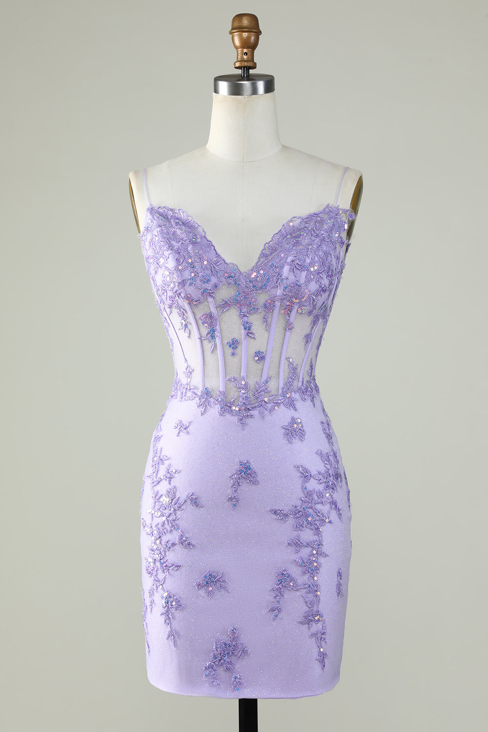 Bodycon Spaghetti Straps Purple Corset Cocktail Dress with Appliques