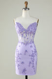 Bodycon Spaghetti Straps Purple Corset Cocktail Dress with Appliques