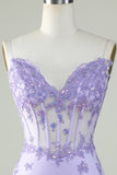 Bodycon Spaghetti Straps Purple Corset Cocktail Dress with Appliques