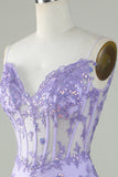 Bodycon Spaghetti Straps Purple Corset Cocktail Dress with Appliques
