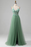 Sparkly Green A-Line Spaghetti Straps Corset Ball Dress With Appliques