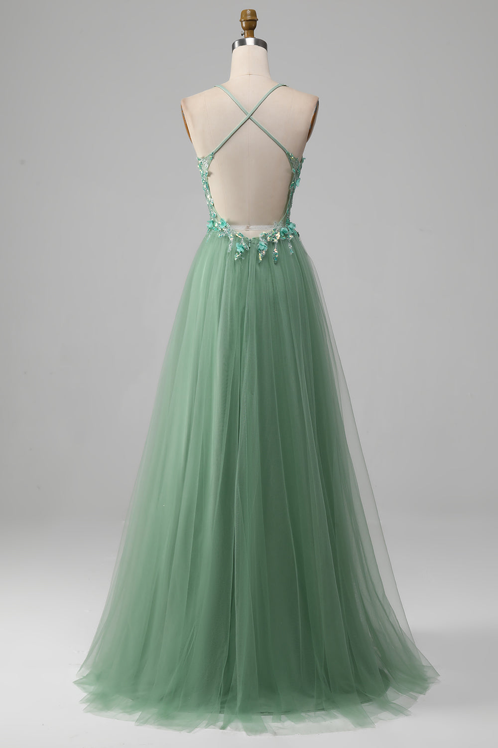 Sparkly Green A-Line Spaghetti Straps Corset Ball Dress With Appliques