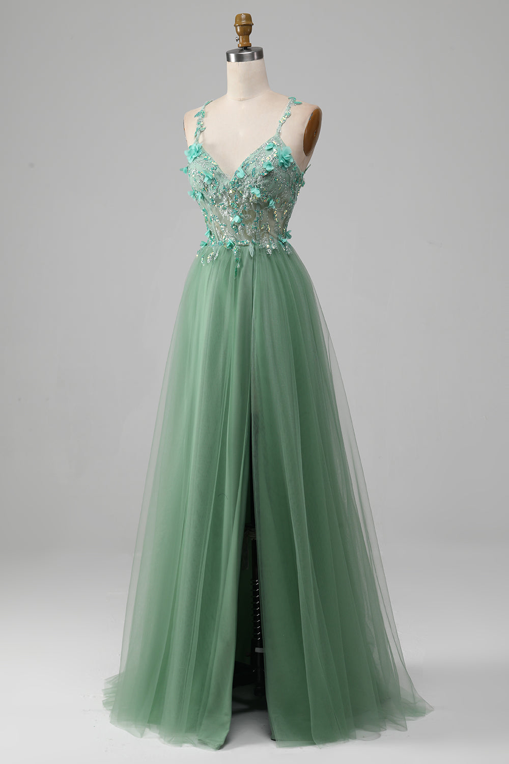 Sparkly Green A-Line Spaghetti Straps Corset Ball Dress With Appliques