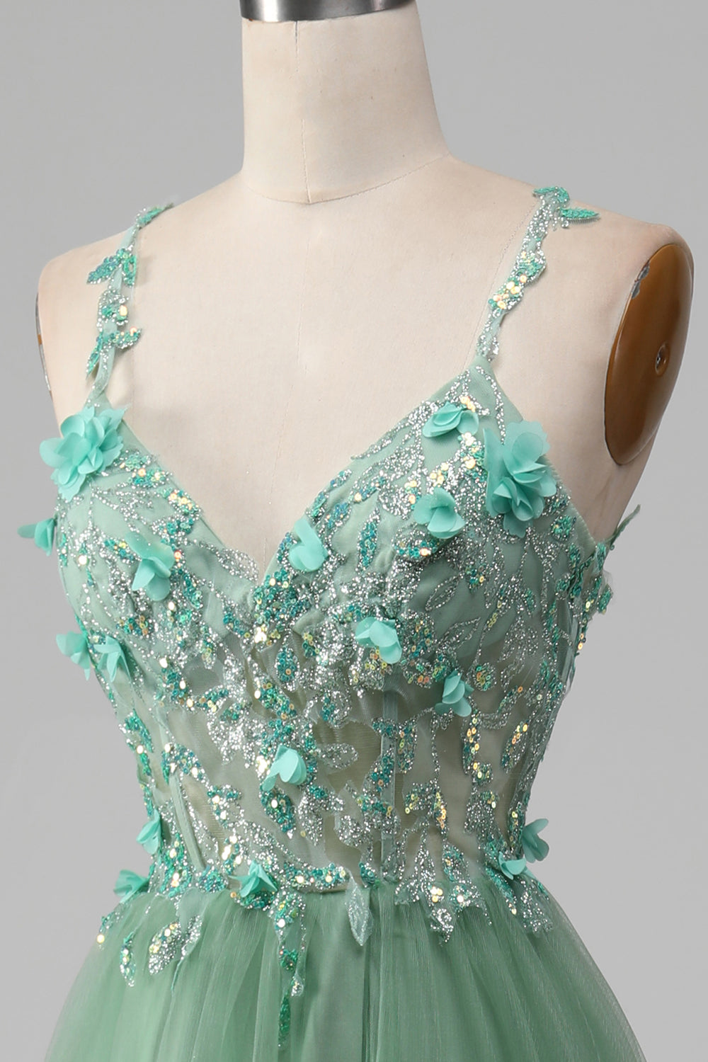 Sparkly Green A-Line Spaghetti Straps Corset Ball Dress With Appliques