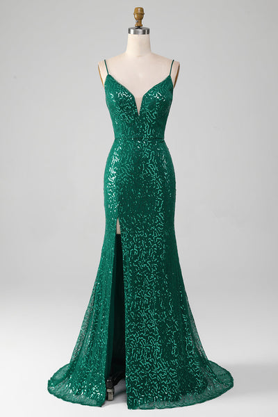 Zapaka Women Sparkly Dark Green Sequins Long Ball Prom Dress with Slit Spaghetti Straps Evening Dress ZAPAKA NZ Zapaka Women Sparkly Dark Green Sequins Long Ball Prom Dress with Slit Spaghetti Straps Evening Dress ZAPAKA NZ