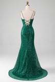 Sparkly Dark Green Mermaid Beaded Sequins Long Ball Dress with Slit