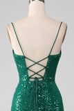 Sparkly Dark Green Mermaid Beaded Sequins Long Ball Dress with Slit