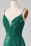 Sparkly Dark Green Mermaid Beaded Sequins Long Ball Dress with Slit