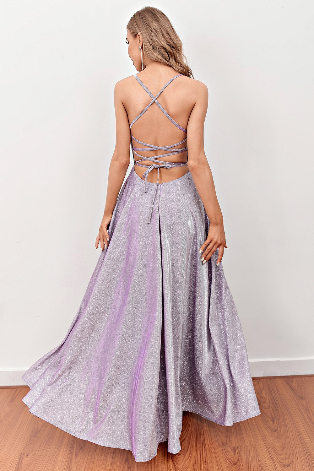 Lilac Deep V-Neck Long Ball Dress with Cross Straps