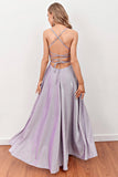 Lilac Deep V-Neck Long Ball Dress with Cross Straps