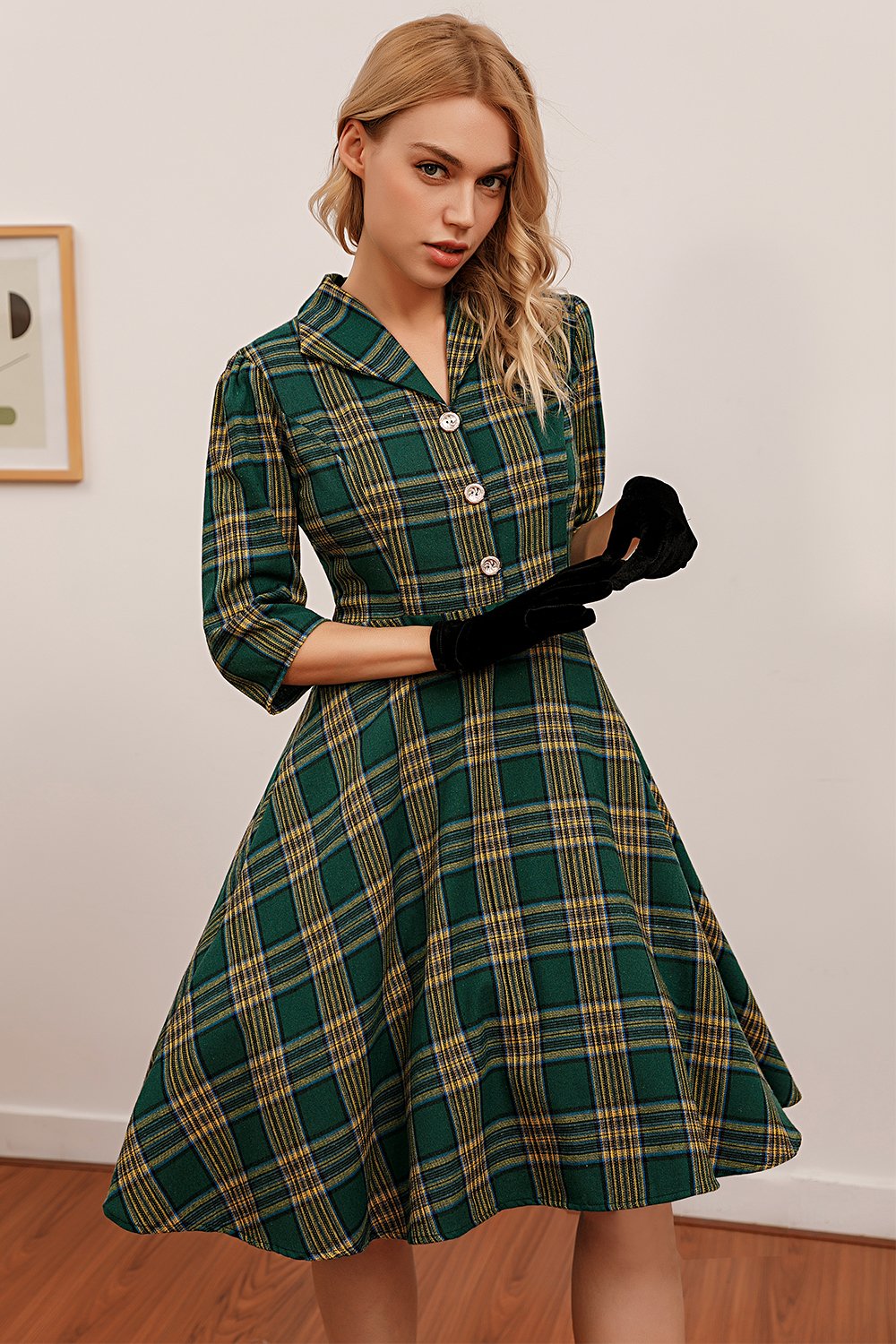 Green Plaid 3/4 Sleeve Dress