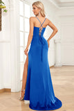Fuchsia Mermaid Spaghetti Straps Satin Ball Dress with Split Front