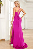 Fuchsia Mermaid Spaghetti Straps Satin Ball Dress with Split Front