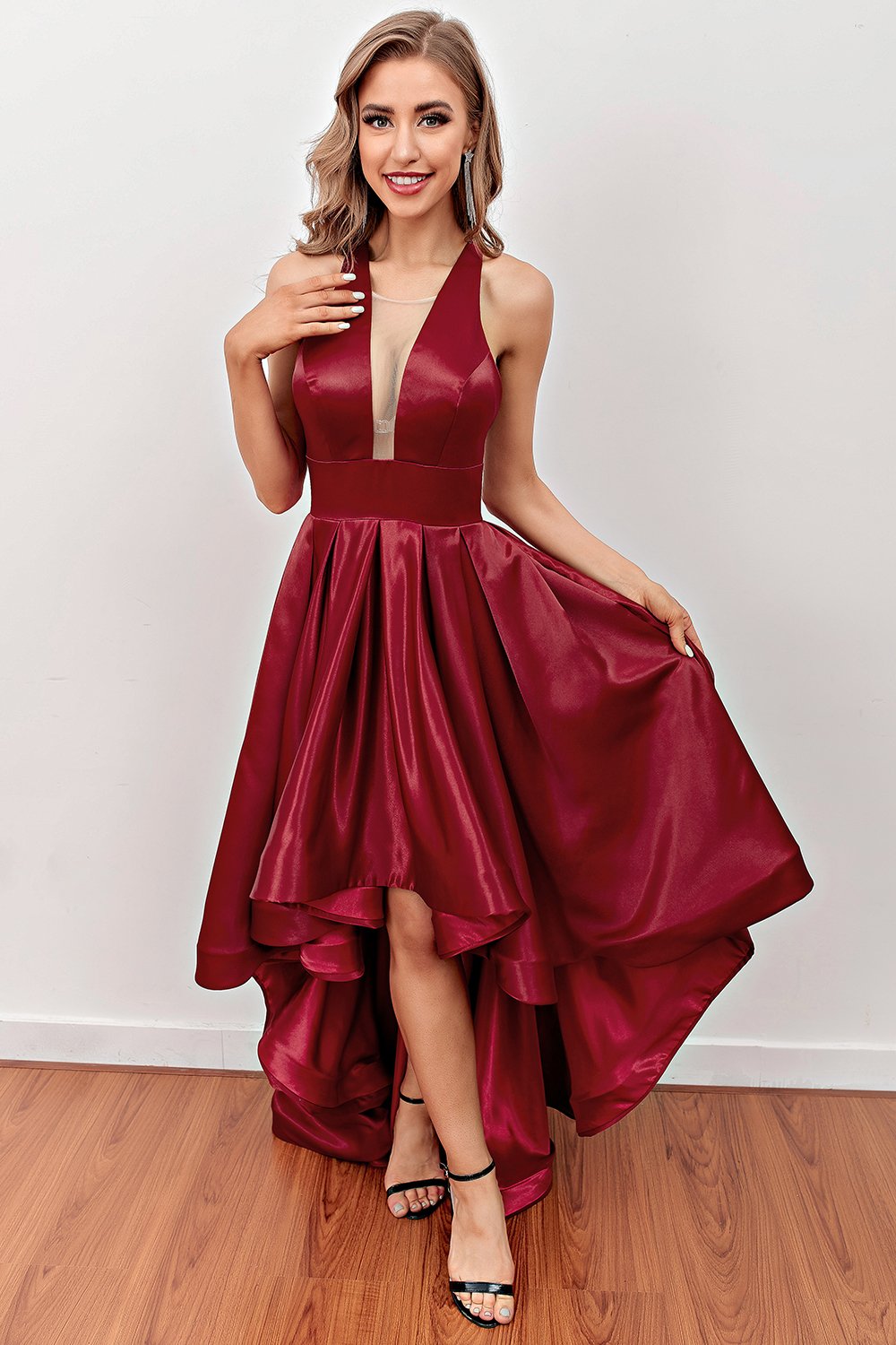 Burgundy High-Low Formal Party Dress with Pockets