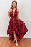Burgundy High-Low Formal Party Dress with Pockets