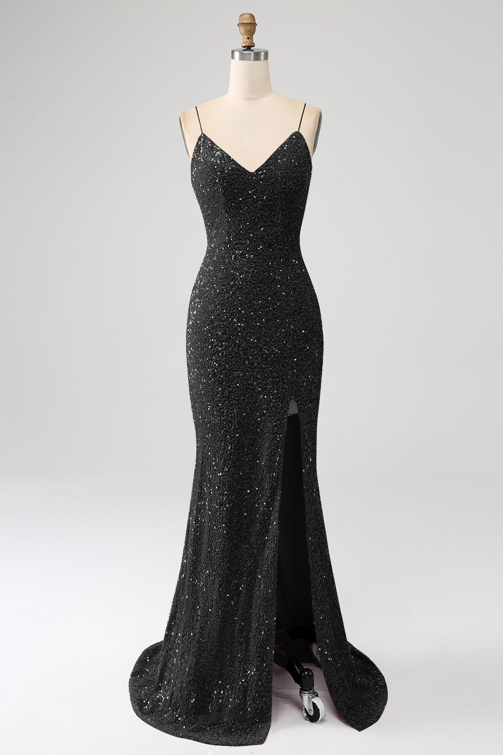 Black Mermaid Spaghetti Straps V-Neck Sequin Long Ball Dress With Split