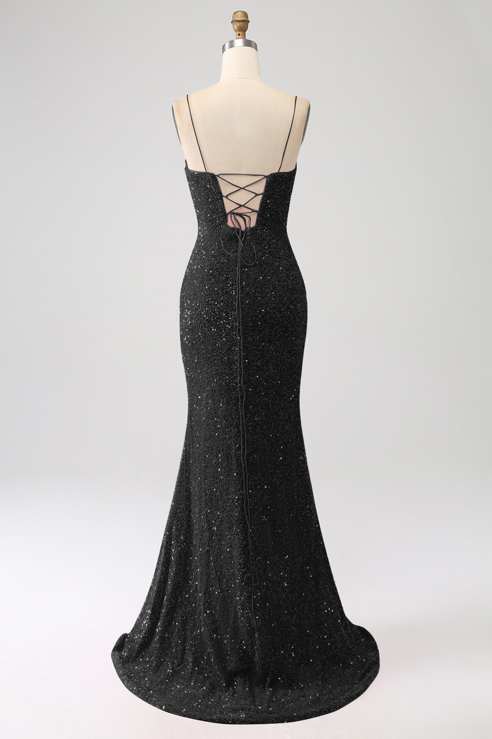 Black Mermaid Spaghetti Straps V-Neck Sequin Long Ball Dress With Split