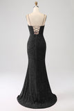 Black Mermaid Spaghetti Straps V-Neck Sequin Long Ball Dress With Split
