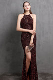 Burgundy Halter Sequins Long Ball Dress