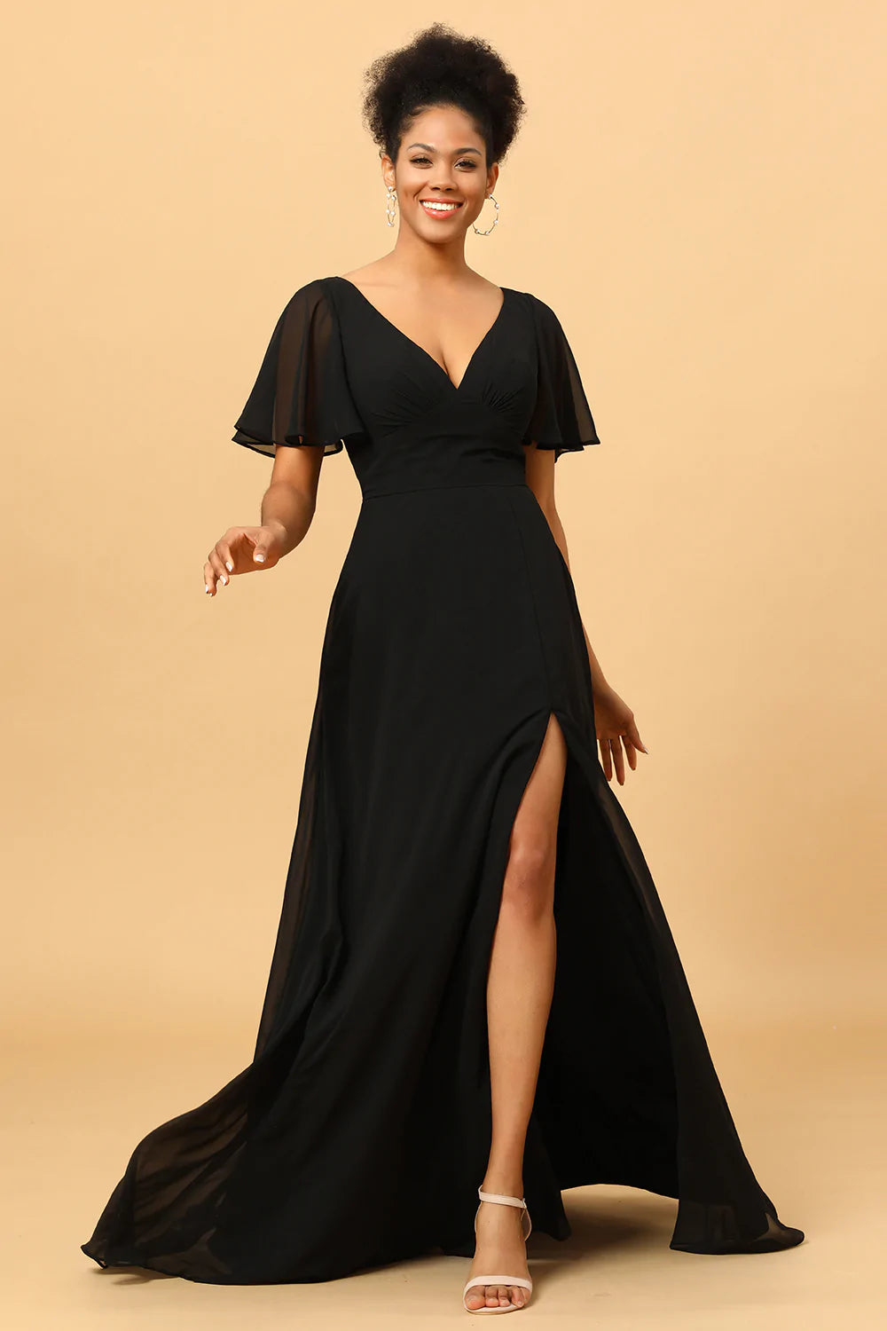Black Batwing Sleeves Long Chiffon Bridesmaid Dress With Slit