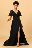Black Batwing Sleeves Long Chiffon Bridesmaid Dress With Slit