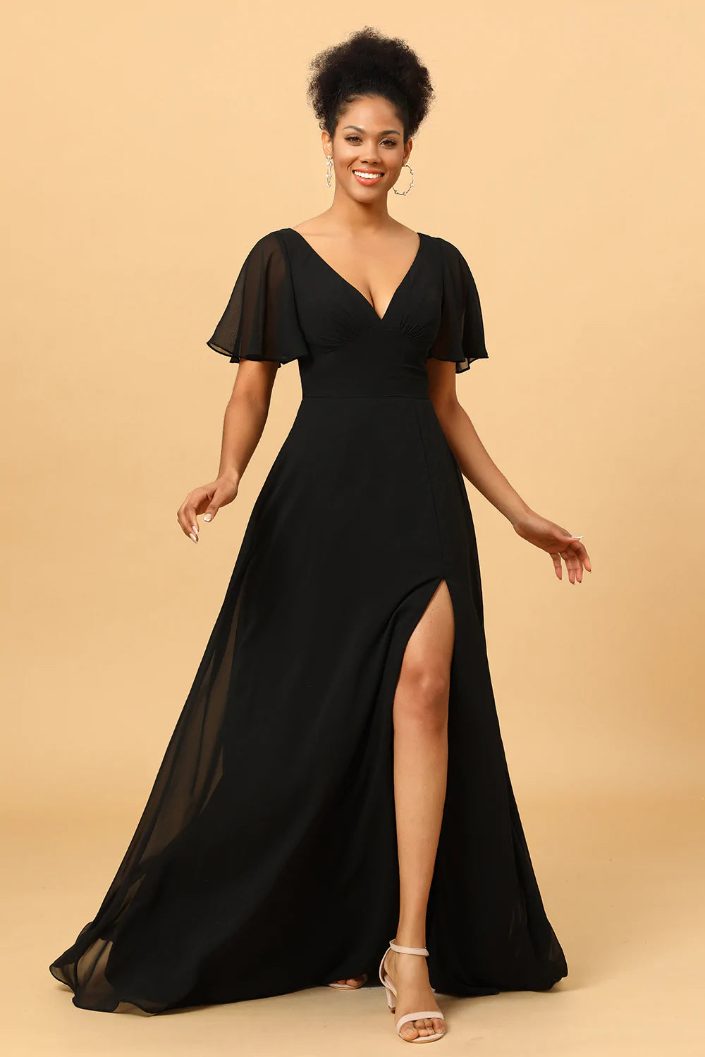 Black Batwing Sleeves Long Chiffon Bridesmaid Dress With Slit