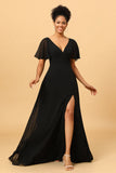 Black Batwing Sleeves Long Chiffon Bridesmaid Dress With Slit