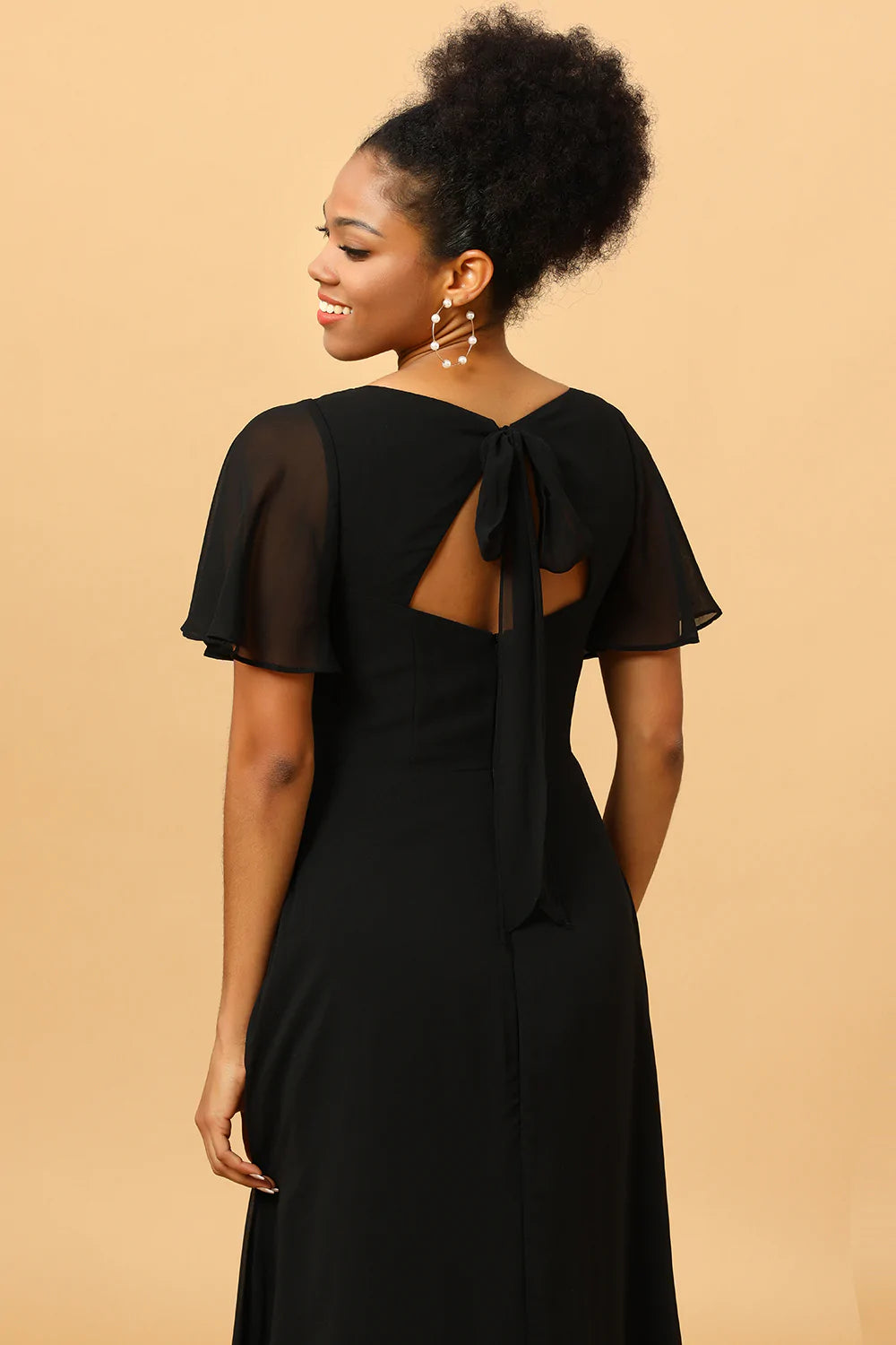 Black Batwing Sleeves Long Chiffon Bridesmaid Dress With Slit