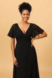 Black Batwing Sleeves Long Chiffon Bridesmaid Dress With Slit