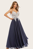 White-Navy Appliqued V-Neck Split Long Empire Ball Dress