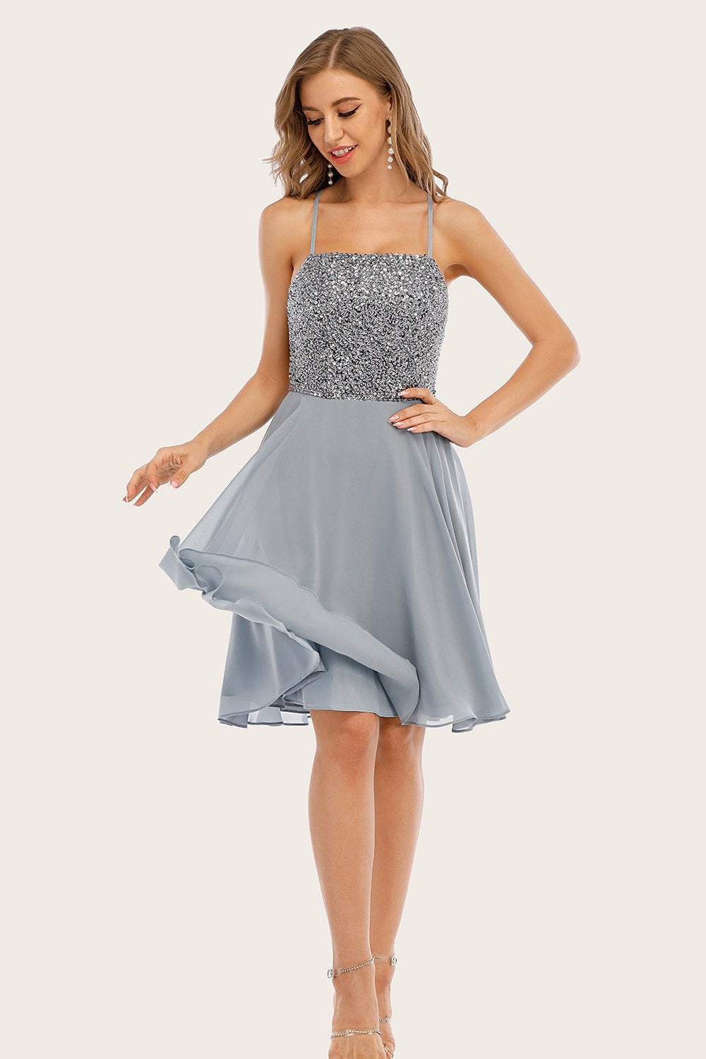 Grey Beaded Short Party Dress