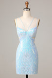 Stunning Bodycon Spaghetti Straps Blue Sequins Short Ball Dress