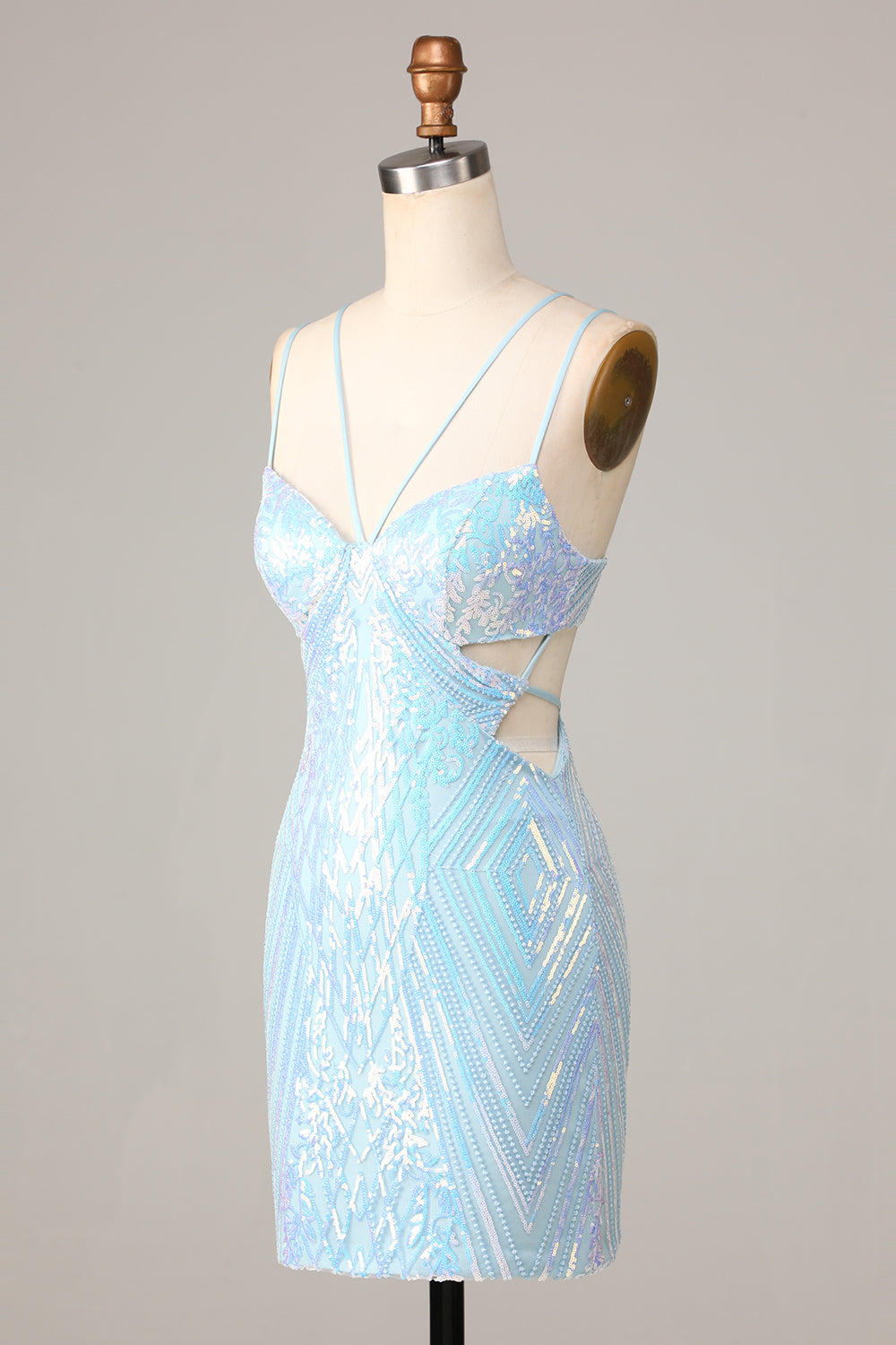 Stunning Bodycon Spaghetti Straps Blue Sequins Short Ball Dress