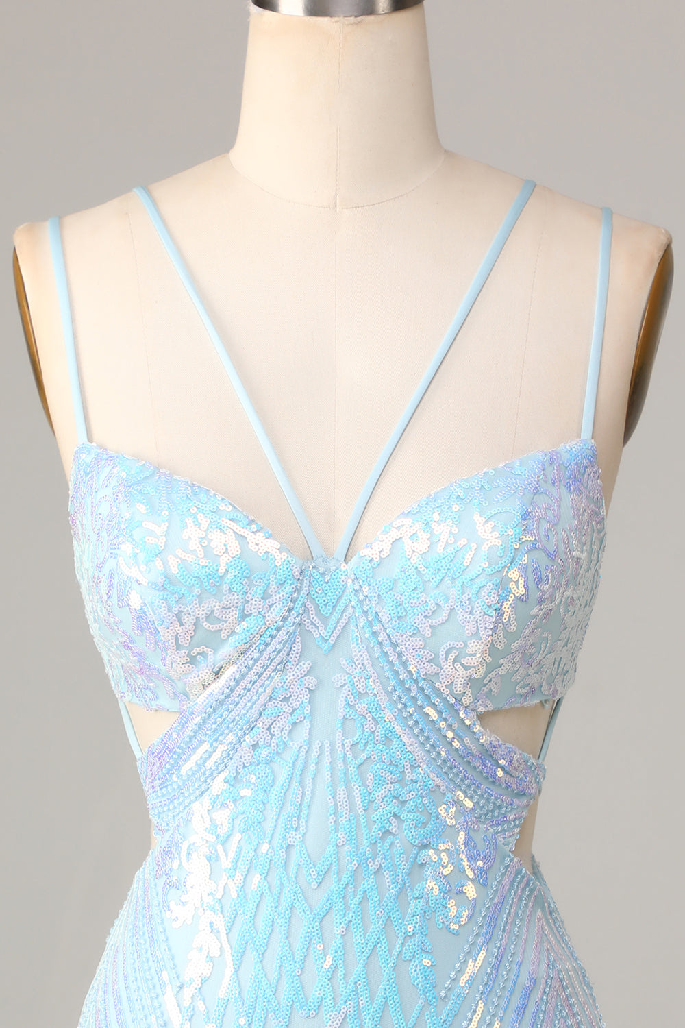 Stunning Bodycon Spaghetti Straps Blue Sequins Short Ball Dress